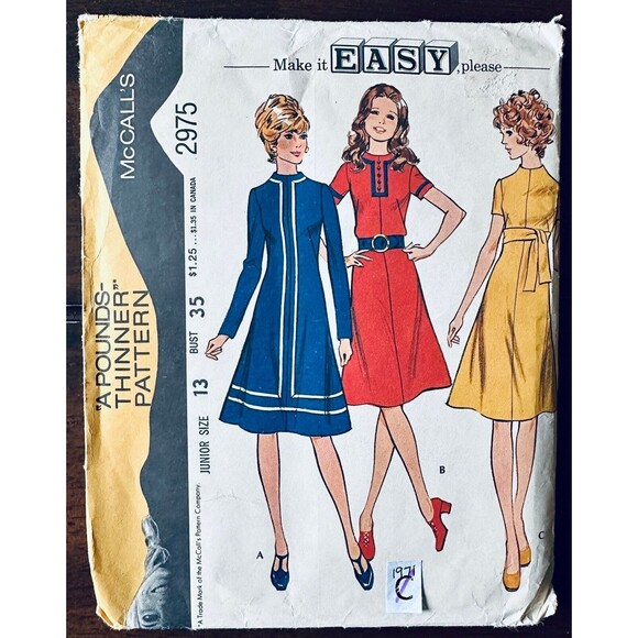 Vtg McCalls 2975 Misses Junior A-Line Dress Back Zipper Pattern Sz 13 CUT 1970s - Picture 1 of 2
